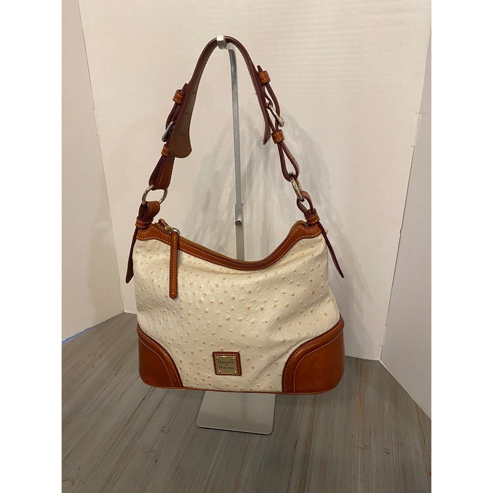 Dooney & Bourke Ostrich Embossed Leather Hobo‎ Shoulder Bag Cream Cognac Brown